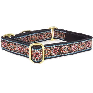 Red, Gold, Turquoise Renaissance Dog Collar: Martingale or Buckle Style for Small/Medium Dogs, Whippets, Spaniels, Beagles, Etc- 1 Inch Wide