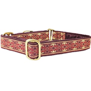 Burgundy, Gold Renaissance Dog Collar: Martingale or Buckle Style, Adjustable for Small/Medium Dogs, Whippets, Greyhounds, Etc - 1 Inch Wide