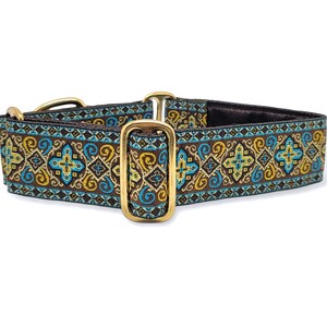 Renaissance Jacquard Dog Collar - Brown Turquoise Gold, Martingale or Buckle - 1.5 Inch Wide