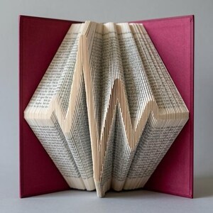 Puede incluir: Un libro con páginas dobladas para crear un patrón tridimensional de ritmo cardíaco. El libro presenta una cubierta dura de color magenta intenso que enmarca las páginas de papel blanco, plegadas intrincadamente en una forma de zigzag angular.