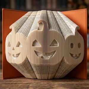 Op de afbeelding: Een gevouwen boeksculptuur met drie uitgesneden pompoenvormen met jack-o'-lantern gezichten. De pagina's zijn nauwkeurig gevouwen om de silhouetten van pompoenen met stelen, driehoekige ogen en grijnzende monden te vormen, tegen oranje kaften.