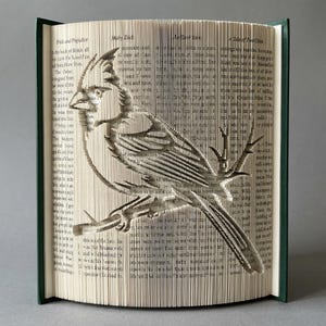 Peut inclure: Une sculpture de livre représentant un cardinal perché sur une branche, créée en pliant précisément les pages d'un livre à couverture rigide. La forme de l'oiseau est définie par les bords du papier, mettant en valeur le texte des pages.