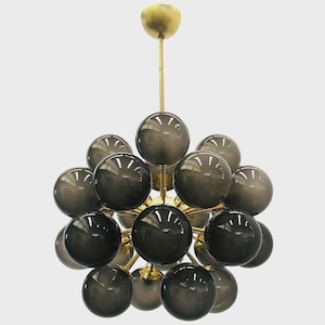 Italian Murano Glass Sputnik Chandelier | 24-Light Brass Mid-Century Pendant | Smoked Glass Globes