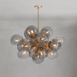 Bubble Globe Chandelier – 17-Light Smoked Glass & Brass | Mid-Century Modern Cluster Light |