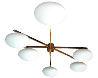 Vintage Angelo Lelli Italian Brass Opaline Chandelier — Mid Century Modern Light, Customizable Finish