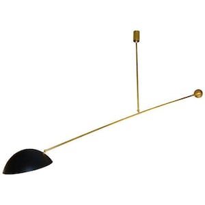 Extra-Large Stilnovo-Style Brass Chandelier with Black Enamel Shade — Adjustable Mid-Century Modern Light Fixture
