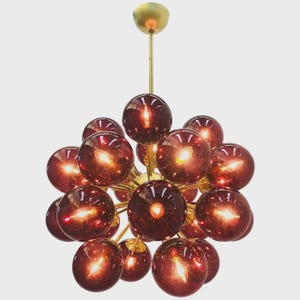 Italian Murano Glass Sputnik Chandelier | 24-Light Brass Mid-Century Pendant | Smoked Glass Globes