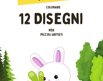 Può includere: Un libro da colorare per bambini con il titolo "IL MONDO MAGICO". La copertina presenta un coniglietto bianco con una carota, con alberi verdi e erba sullo sfondo. Il libro contiene 12 disegni per piccoli artisti.