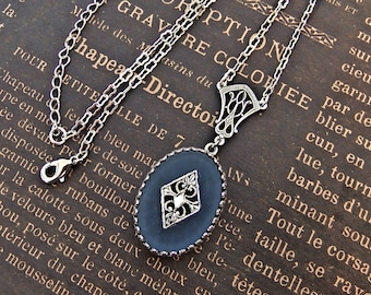 Midnight Blue Camphor Glass Necklace, Art Deco Jewelry Handmade