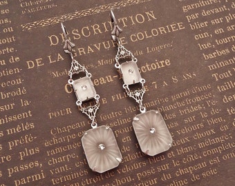 Art Deco White Camphor Glass Handmade Earrings, Vintage Style Jewelry Gift for Women