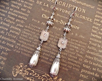 Camphor Glass and Crystal Pearl Drop Bridal Earrings, Gift for Women