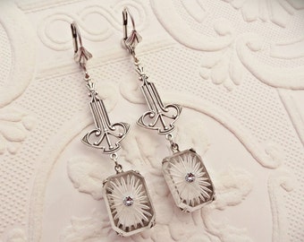 Delicate Clear Camphor Glass Art Deco Earrings, Jewelry Handmade, Gift for Women