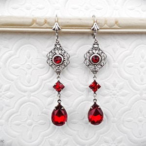 Ruby Red Art Deco Earrings, Filigree Victorian Jewelry Handmade, Gothic Vintage Style Women's Gift