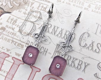 Delicate Art Deco Earrings, Purple Camphor Glass Jewelry Handmade, Gift for Women