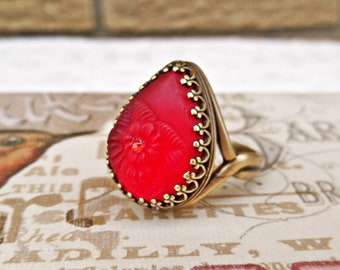 Ruby Red Cabochon Ring: Adjustable Filigree Victorian Style