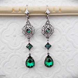 Emerald Green Art Deco Earrings, Filigree Victorian Jewelry Handmade, Gothic Vintage Style Women's Gift