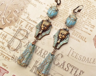 Turquoise Egyptian Revival Earrings: Bronze Pharaoh, Vintage Style