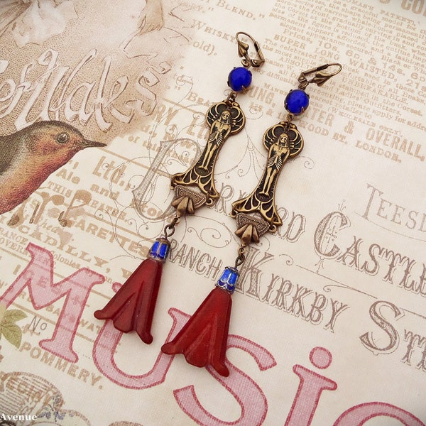 Carnelian and Blue Papyrus Flower Earrings, Vintage Egyptian Revival Style Handmade Jewelry