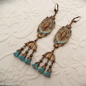 Turquoise Glass Egyptian Revival Earrings, Art Deco Jewelry Handmade, Vintage Style Gift for Women