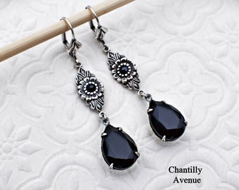 Jet Rhinestone Drop Gothic Earrings, Victorian Jewelry Handmade, Vintage Style Women's Gift