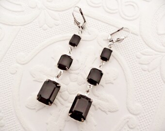 Art Deco Dangle Earrings: Handmade Jet Black Rhinestone Vintage Style