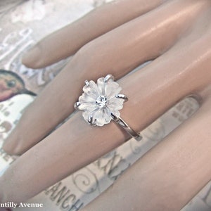 Camphor Glass Flower Ring, Sterling Silver Jewelry Handmade, Vintage Style Women&#39;s Gift