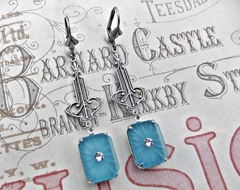 Delicate Art Deco Earrings, Aqua Camphor Glass Jewelry Handmade, Gift for Women