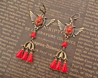 Red Egyptian Revival Earrings, Art Deco Jewelry Handmade, Vintage Style Gift for Women