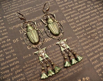 Bottle Green Scarab Earrings: Egyptian Revival Lotus Flower Jewelry