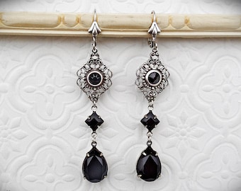 Jet Black Crystal Art Deco Earrings: Handmade Oxidized Silver Jewelry