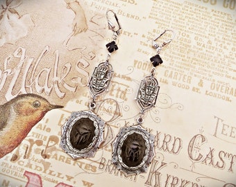 Black Scarab Earrings: Handmade Egyptian Revival Art Deco Jewelry