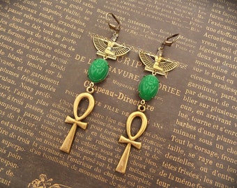 Green Scarab Earrings, Egyptian Revival Jewelry Handmade, Art Deco Gift for Women