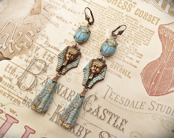 Turquoise and Bronze Egyptian Earrings, Egyptian Revival Jewelry Handmade, Vintage Style Gift for Women