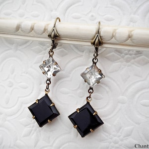 Geometric Art Deco Earrings, Vintage Style Jet Black Rhinestone, Victorian Jewelry Handmade Women&#39;s Gift