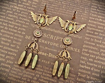 Olive Green Egyptian Revival Earrings: Art Deco Czech Glass
