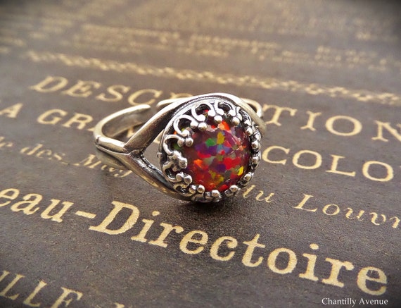 Bague Art Déco En Argent Solide Avec Opale De Feu Rouge Et Perle - Style Filigrane Vintage
