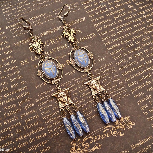 Light Blue Egyptian Revival Earrings, Art Deco Jewelry Handmade, Vintage Style Gift for Women