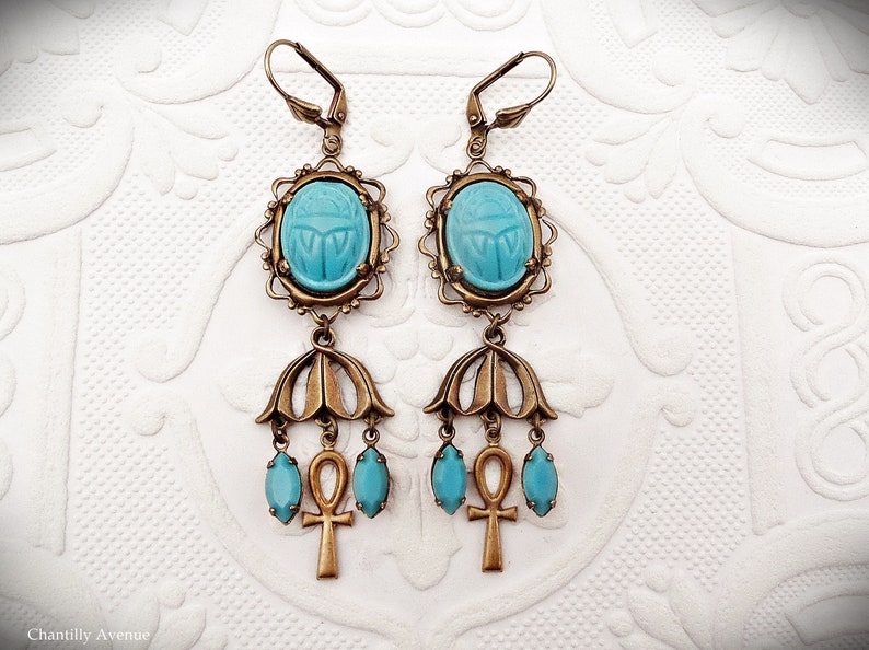 Turquoise Scarab Egyptian Earrings Art Deco Jewelry Handmade | Etsy