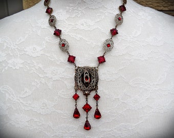 Art Deco Ruby Red Rhinestone Necklace: Handmade Vintage Style Jewelry
