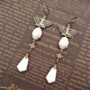 White Art Deco Earrings, Egyptian Revival Jewelry Handmade, Vintage Style Gift for Women