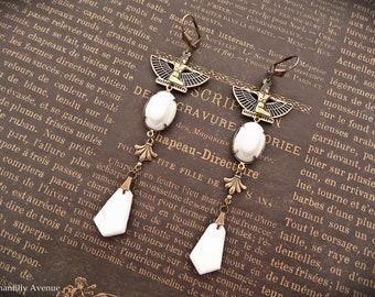 White Art Deco Earrings, Egyptian Revival Jewelry Handmade, Vintage Style Gift for Women