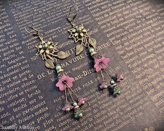Pink & Green Flower Chandelier Earrings: Victorian Style Jewelry