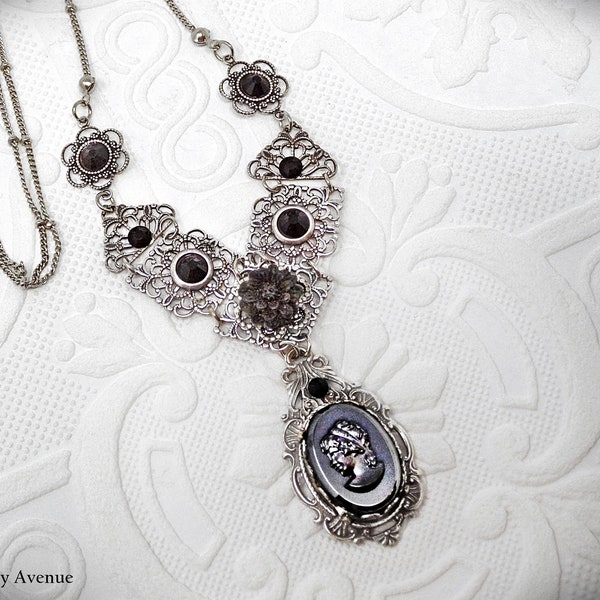 Jet Gothic Cameo Necklace, Victorian Jewelry Handmade, Estate Style Personalized Women's Gift