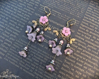 Ombre Pink Flower Chandelier Earrings, Victorian Jewelry Handmade, Vintage Style Gift for Women