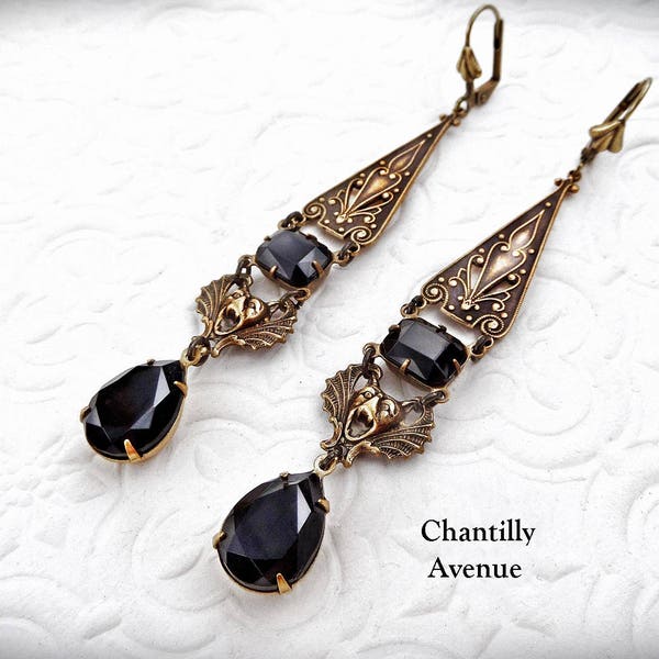 Long Jet Black Gothic Earrings, Victorian Jewelry Handmade, Vintage Style Women's Gift