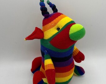 OTTO silly child safe sock toy from my RAINBOW BEASTIARY collection. Striped from head to toe this imaginary beast is homeless but harmless!