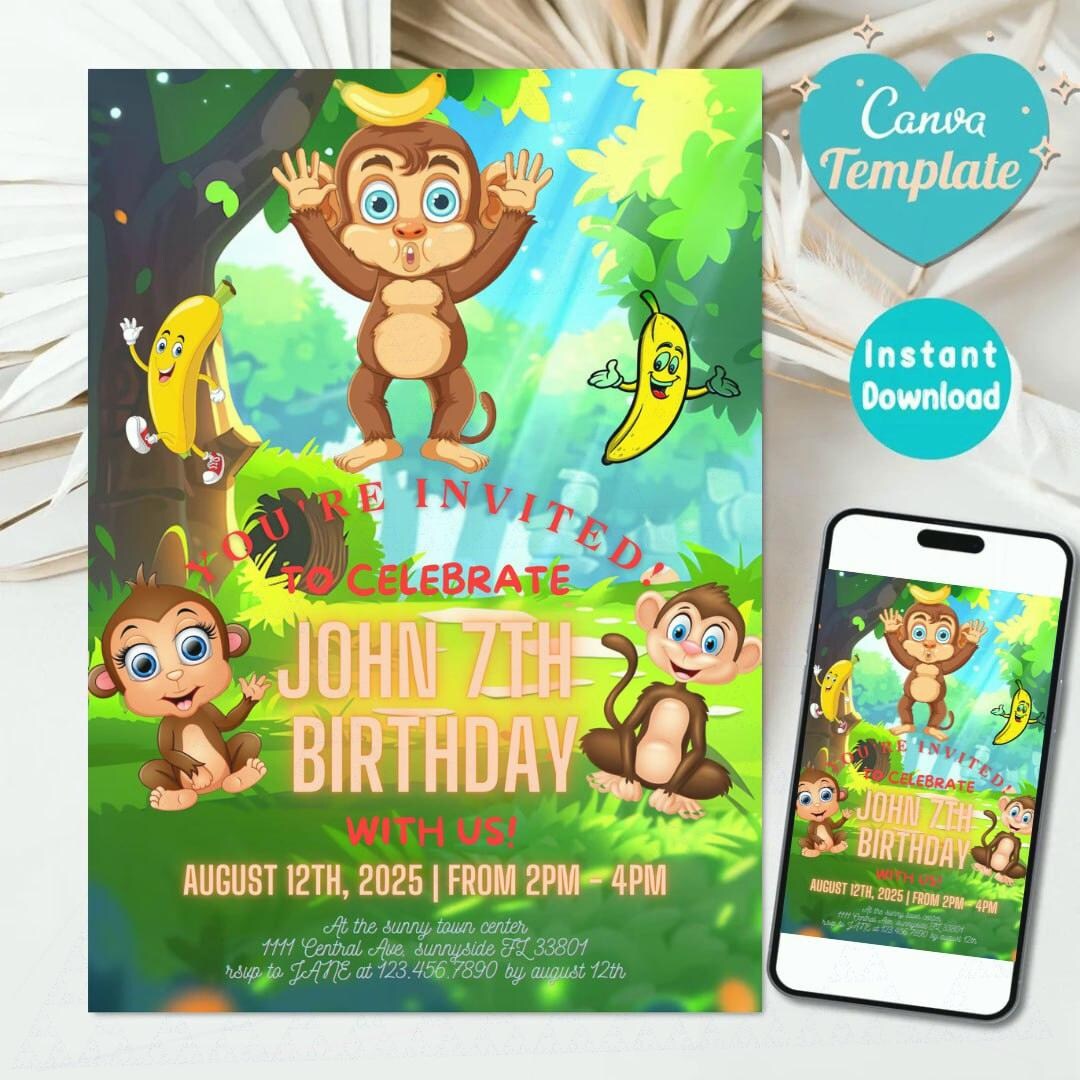 Editable Monkey Birthday Invitation Canva Template | Jungle Party ...