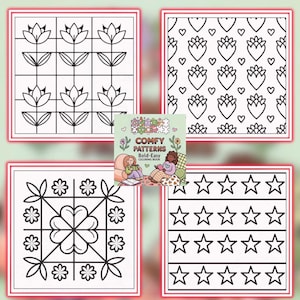 May include: A coloring book titled "Comfy Patterns" with four different black and white pattern designs. The patterns include floral, heart, and star motifs. The book cover shows two people reading and relaxing.