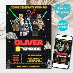 May include: A black invitation with Star Wars Lego characters, the text "COME CELEBRATE WITH US", and "OLIVER 8TH EPISODE". Includes a smartphone displaying the invitation. The invitation also has the text "Canva Template" and "Instant Download".
