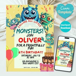 Modello Canva per invito di compleanno a tema mostro / Divertente invito modificabile per feste per bambini / Download immediato / Stampabile per festa di compleanno a tema mostro colorato